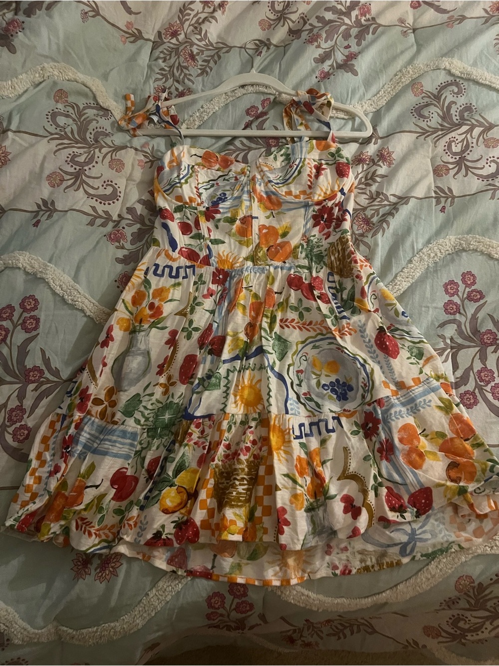 Floral Fruit Print Tie-Shoulder Dress - White Multicolor